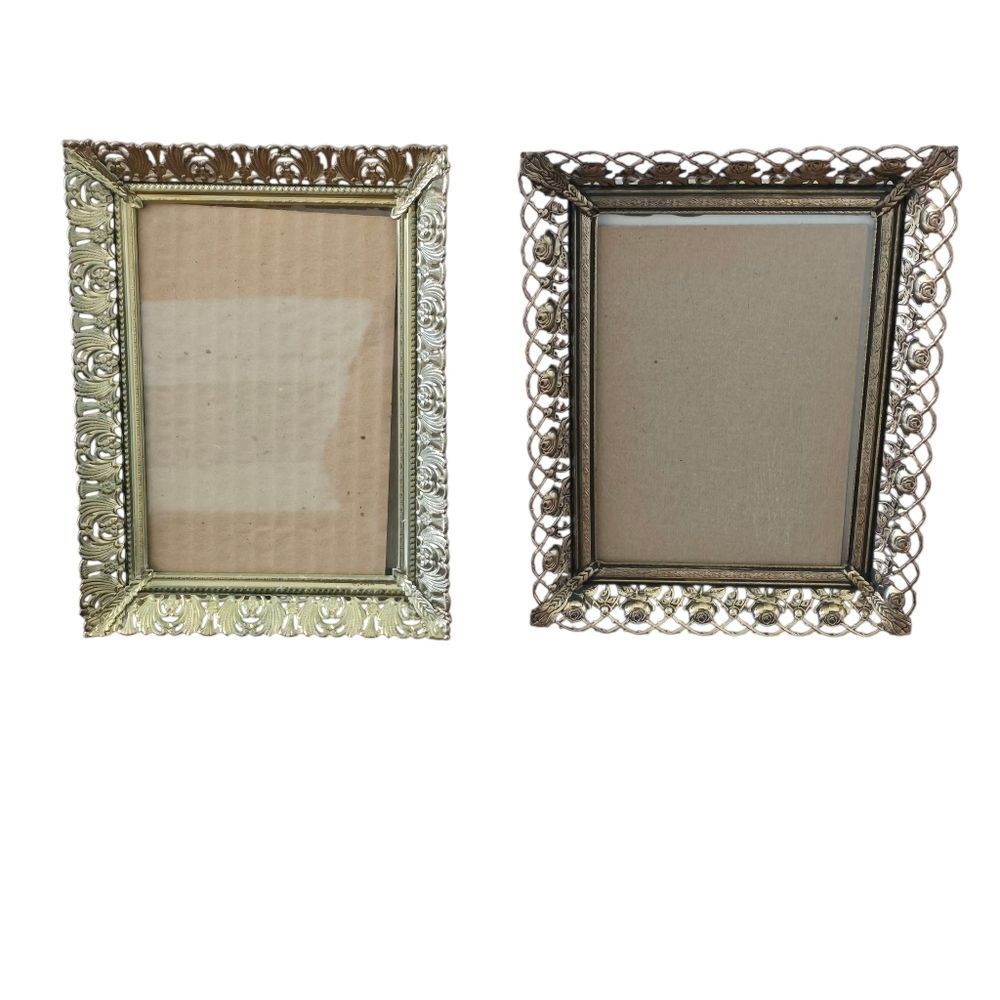 Vintage Ornate Brass Photo Frame Set Gold Tone MCM Filigree Flowers Easel